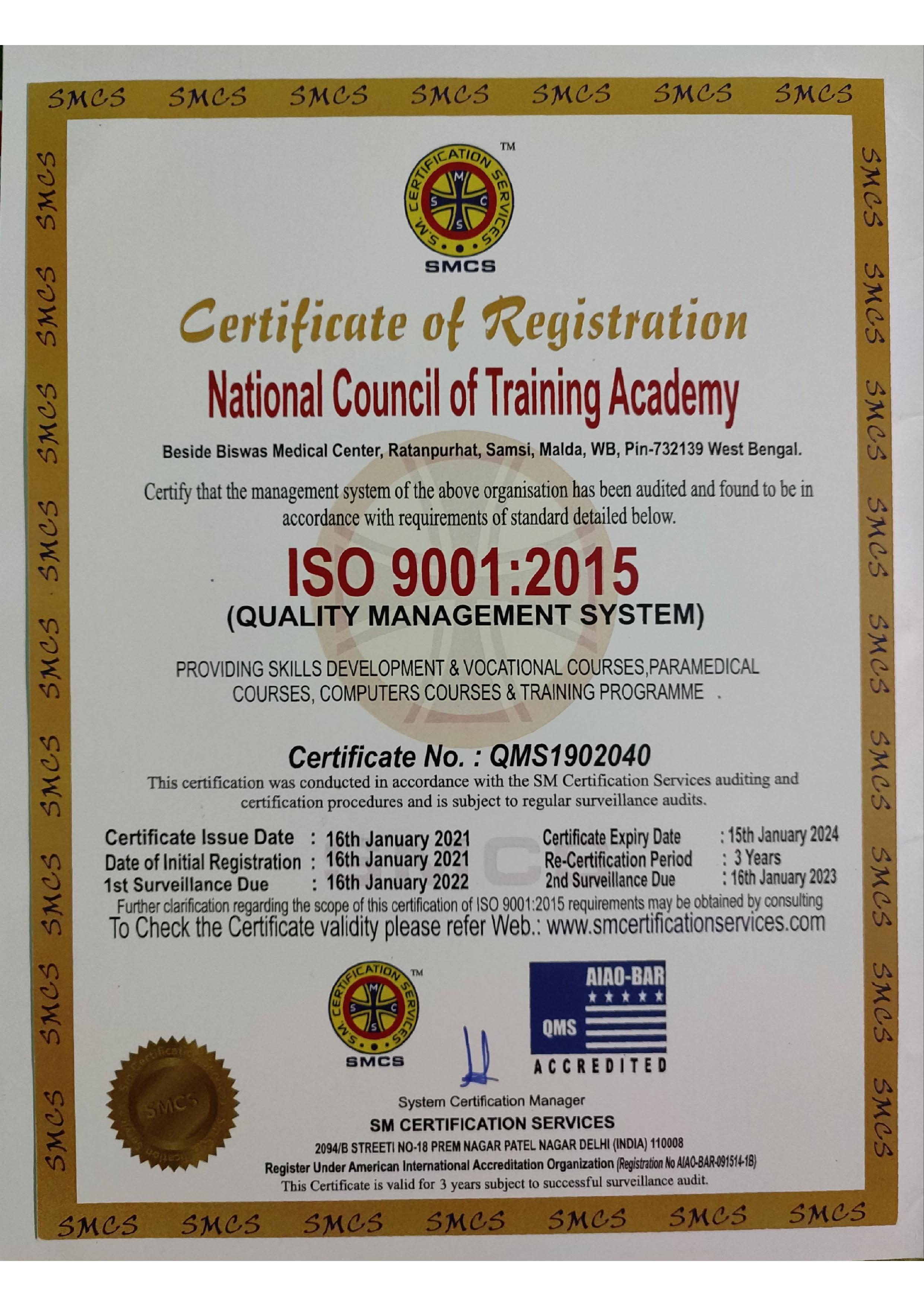 Our Certifications National Council of Training Academy Govt